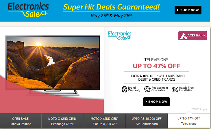 Flipkart’s Electronics Sale – Deals on Mobiles, Home Appliances, Tablets + Extra 10% OFF on Axis Bank Cards