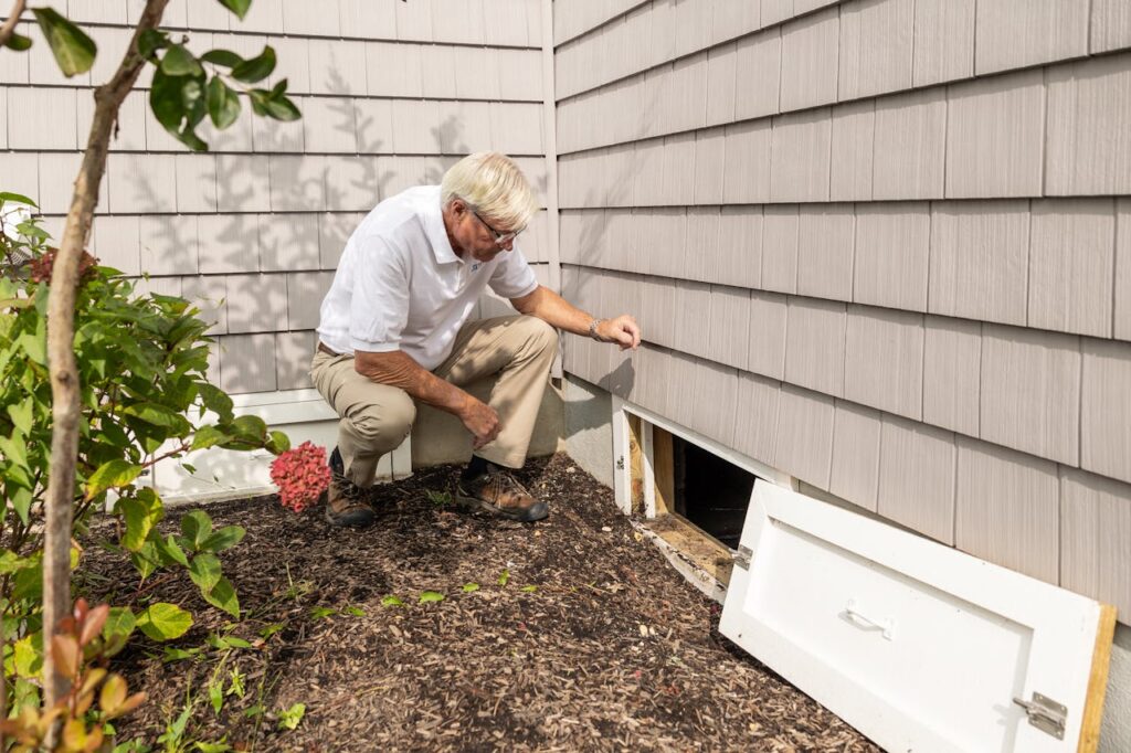 Home inspector examining crawl space outdoors