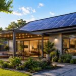 Modern energy-efficient home with rooftop solar panels and outdoor living area