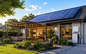Modern energy-efficient home with rooftop solar panels and outdoor living area