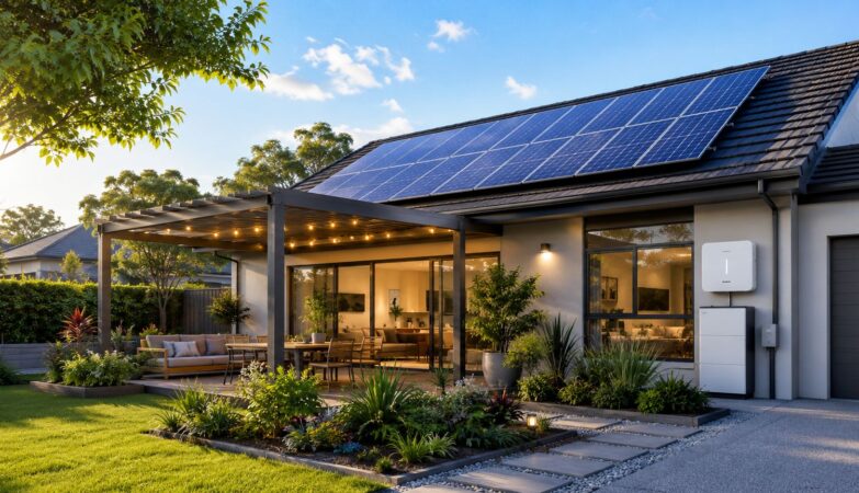 Modern energy-efficient home with rooftop solar panels and outdoor living area