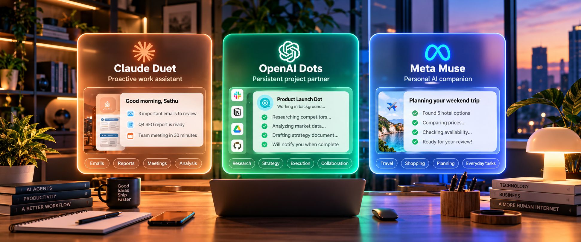 Claude Duet vs Openai Dots vs Meta muse AI Agents comparison