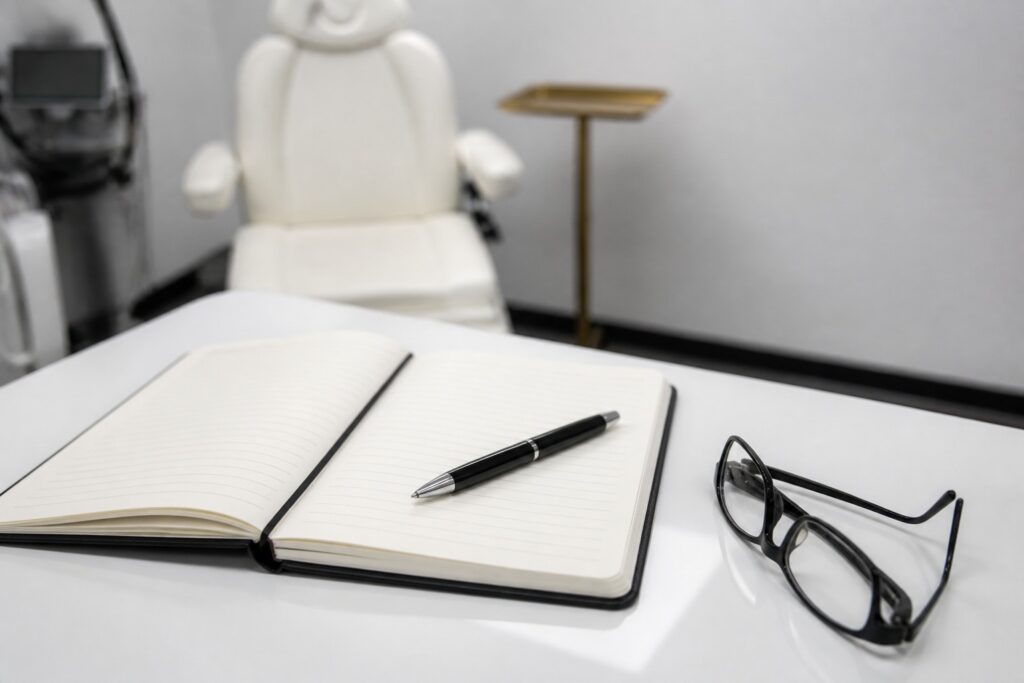 A blank open notebook and pen on a white clinic counter, with a treatment chair softly out of focus behind.
